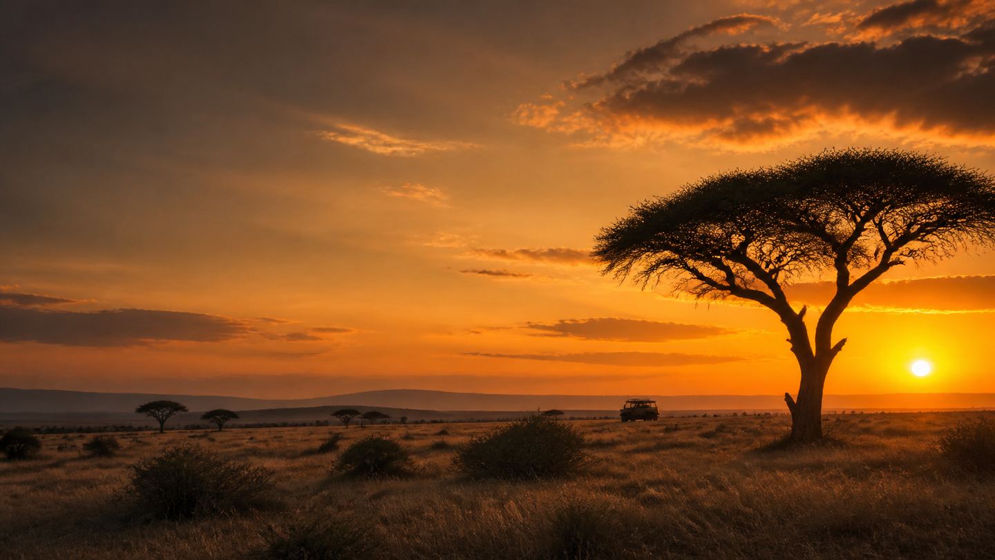 Safari vehicle crossing a Kenya landscape at golden hour