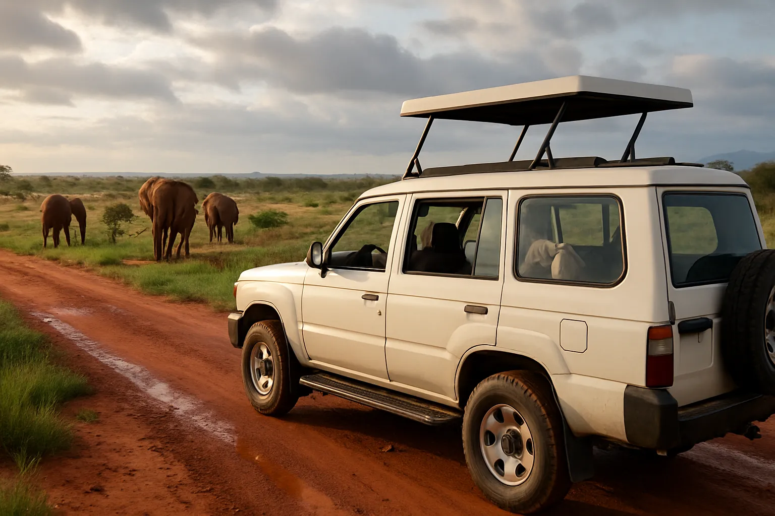 Safari vehicle on a damp red-earth track in Tsavo East, with elephants and clearing rain clouds.