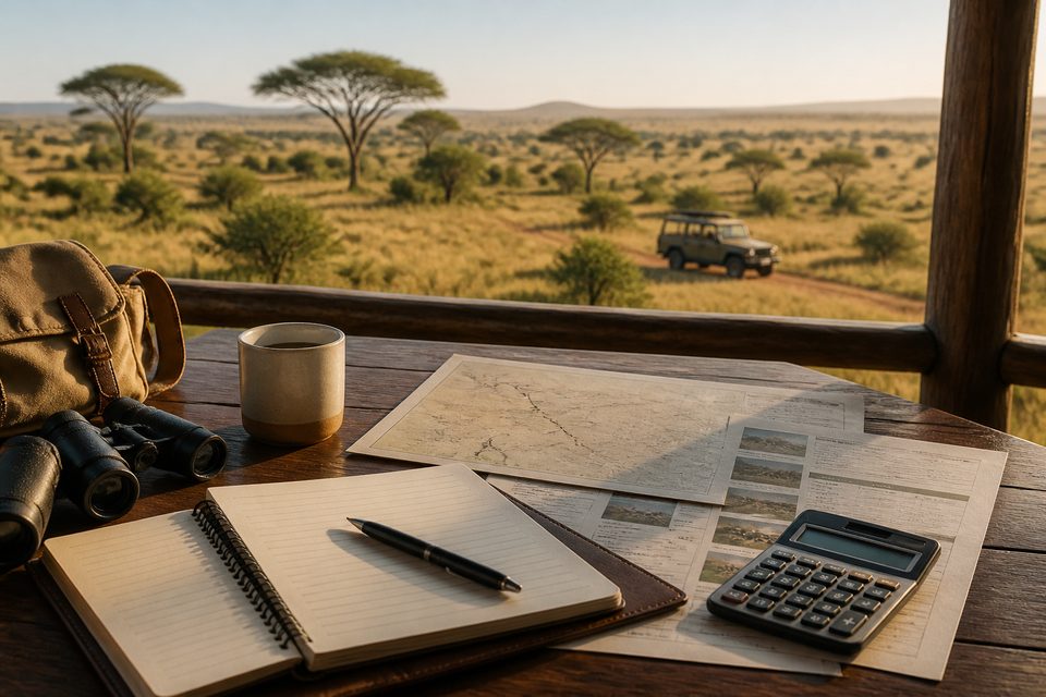 Safari budget planning documents on a lodge veranda overlooking Kenya savanna