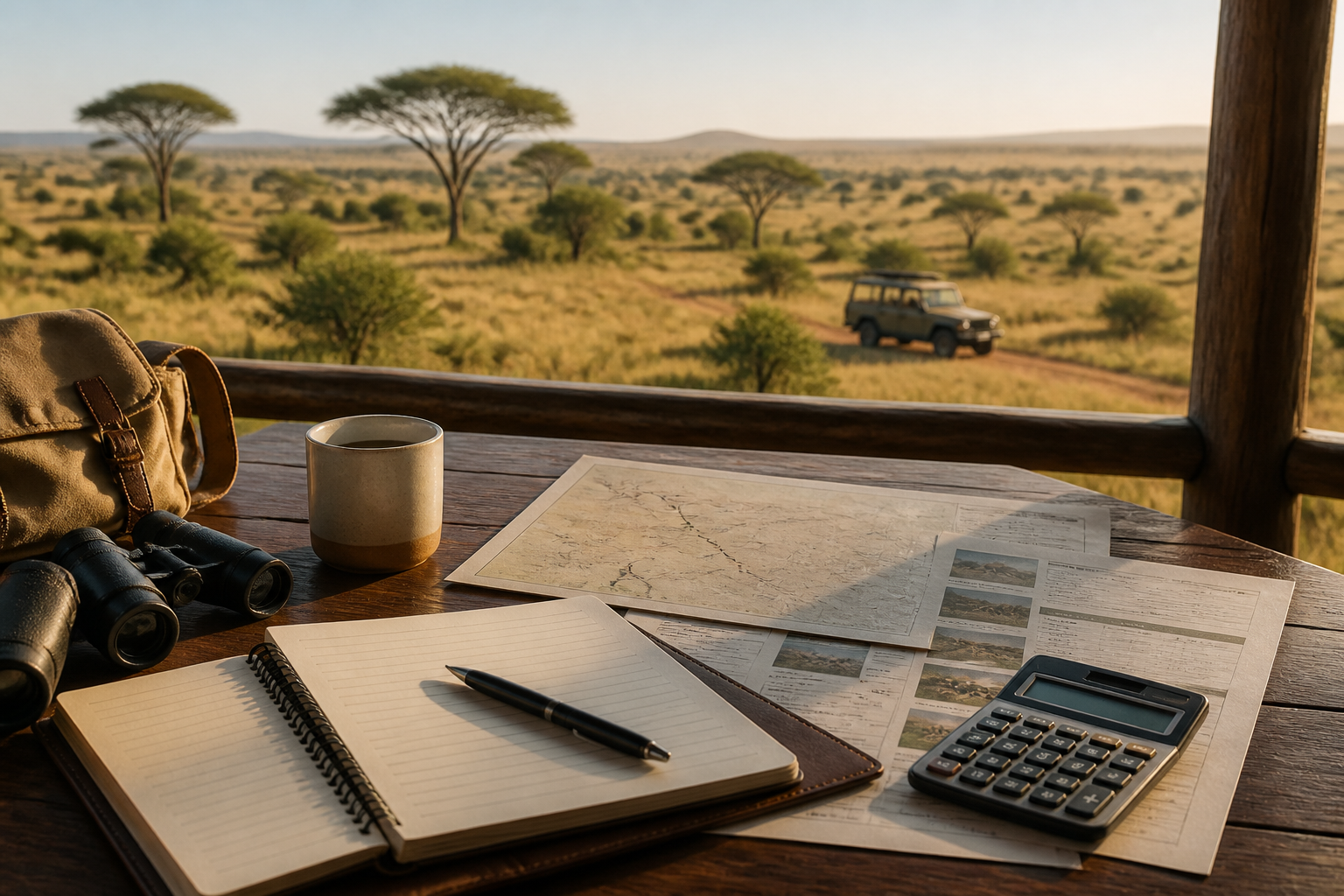 Safari budget planning documents on a lodge veranda overlooking Kenya savanna