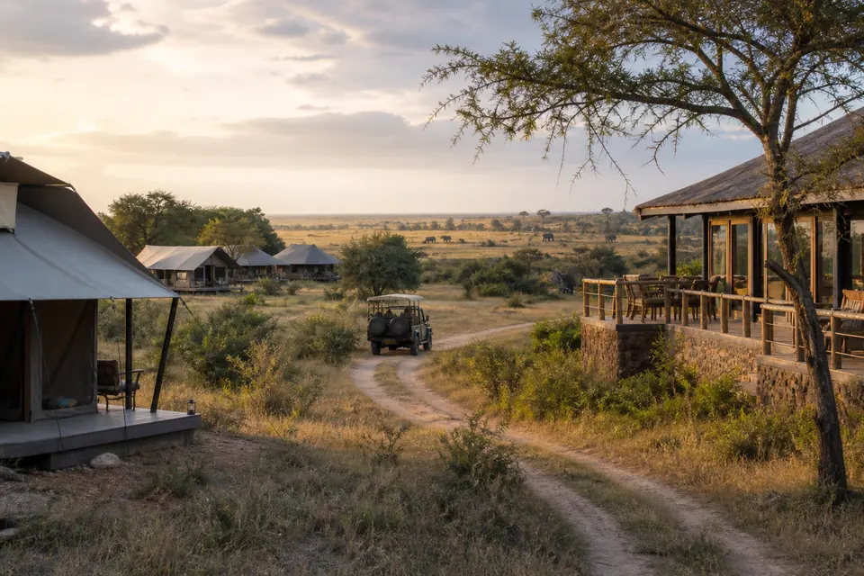 Different Kenya safari accommodation styles connected by a safari track