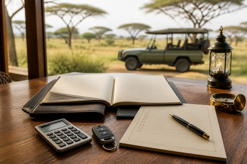 Safari quotation checklist with calculator and vehicle keys on a lodge table