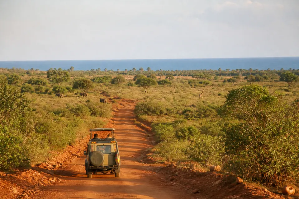 Safari vehicle following a red-earth route from Kenya wilderness toward the coast