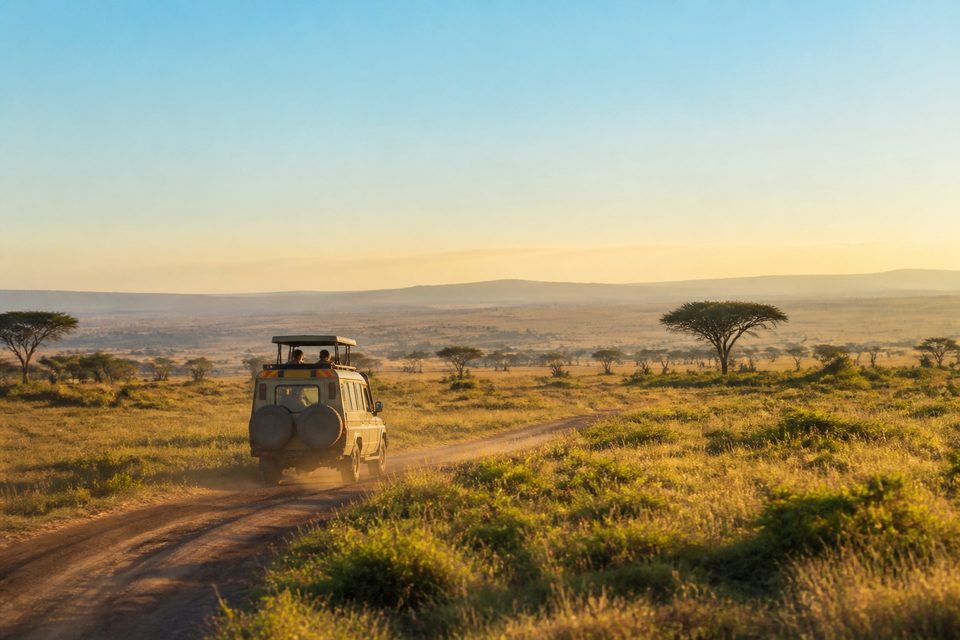 Private safari vehicle on a Kenya savanna track during a multi-day journey